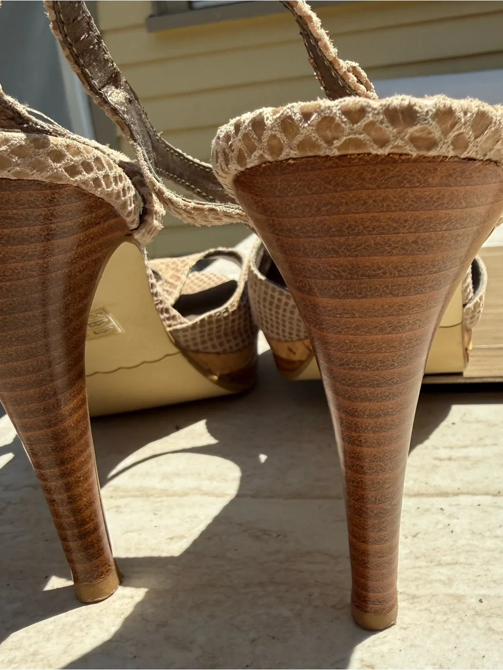 Moda International Beige Snakeskin Peep-Toe Slingback Heels